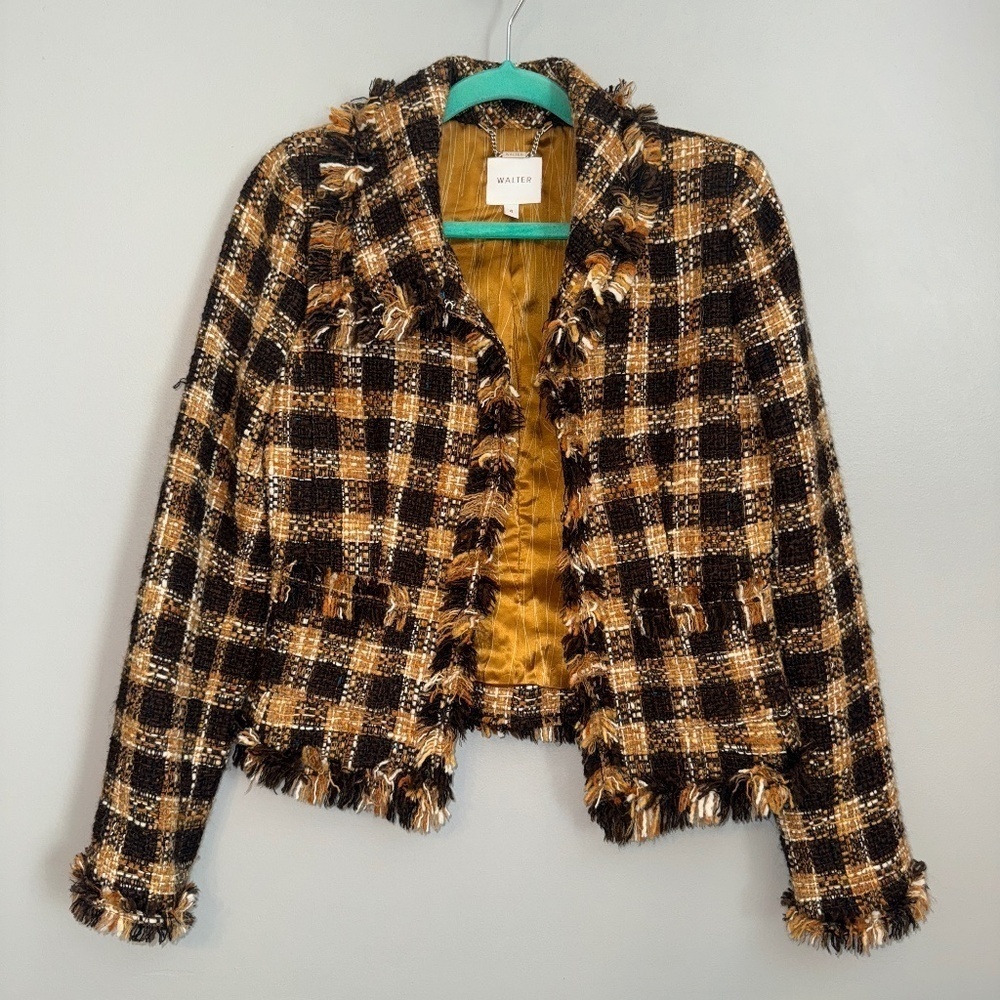 EUC Vintage Walter Baker Fringe Plaid Wool Blend Blazer Jacket Size 4